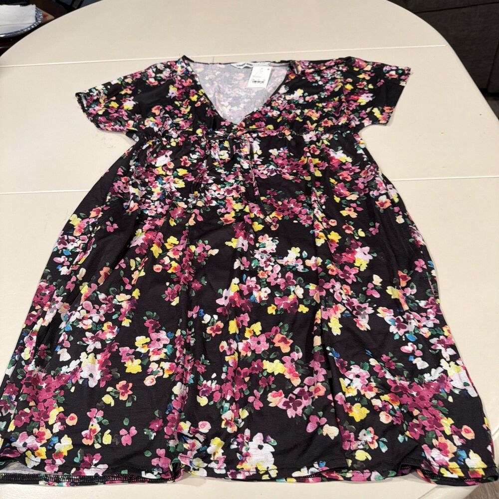 Lands End Swim Cover Up Dress W Pockets  Women S Black Pink Yellow Floral